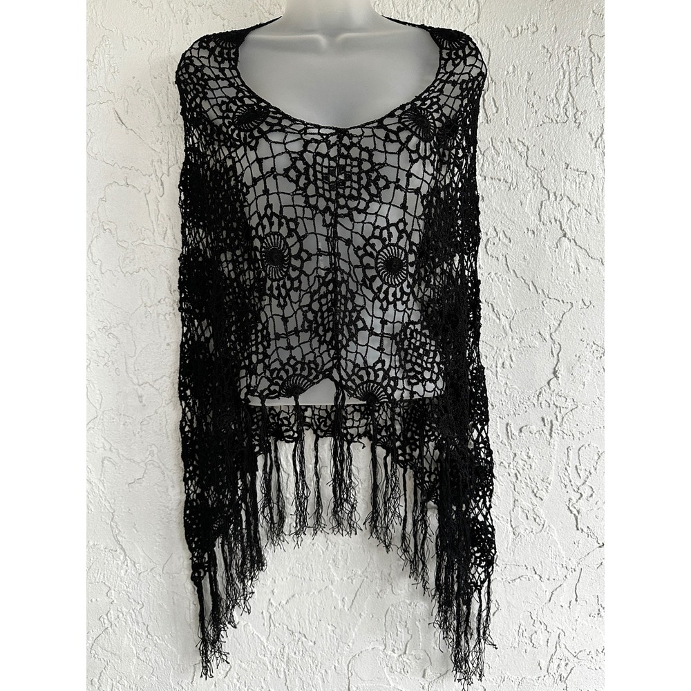 Black Crochet Floral Medallion Fringe Poncho Shawl Wrap Cape One Size